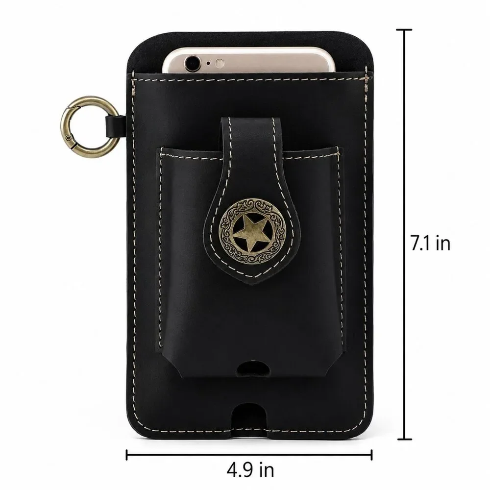 Genuine Leather Phone Belt Holster Case with Clip & Extra Pocket